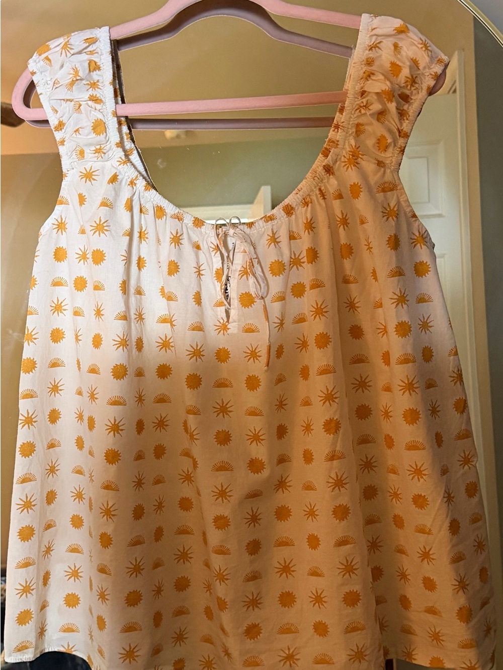 Anthropologie Cream and Yellow Sleeveless Sun & Star Print Top